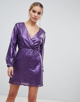 Outrageous Fortune sequin wrap front long sleeve skater dress in purple