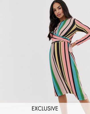 Boohoo ruffle hem midi dress in multi stripe