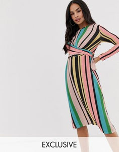 Boohoo ruffle hem midi dress in multi stripe