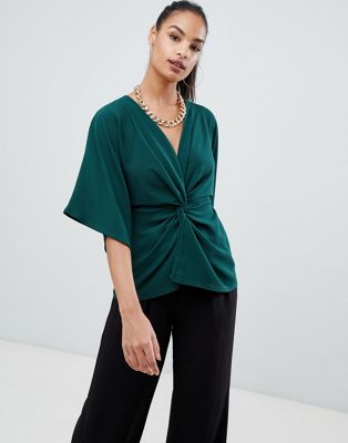 Boohoo twist front kimono sleeve top in dark green