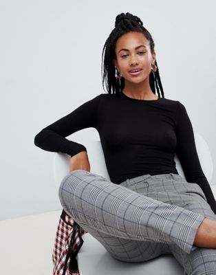 Monki long sleeve crew neck jersey top in black