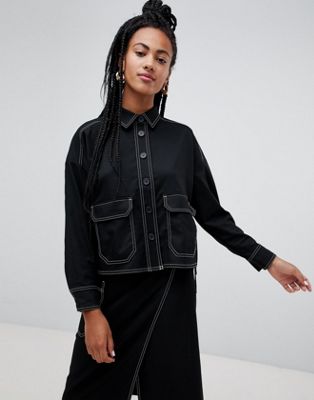 Monki oversized utility top in black with contrast stitching