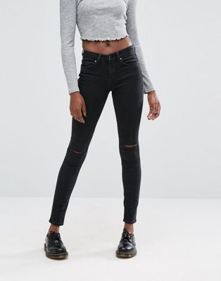 LISBON Skinny Mid Rise Jeans in Washed Black with Two Displaced Ripped Knees