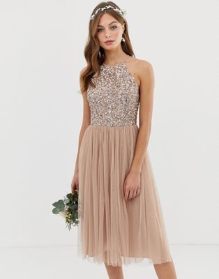 Maya high neck midi tulle dress with tonal delicate sequins