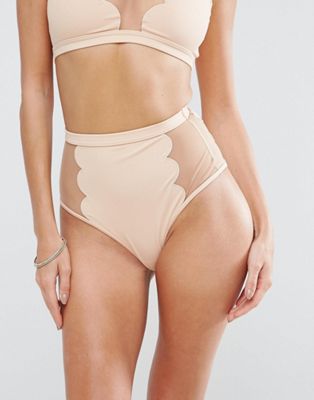 DESIGN Scallop Mesh Insert High Leg High Waist Bikini Bottom