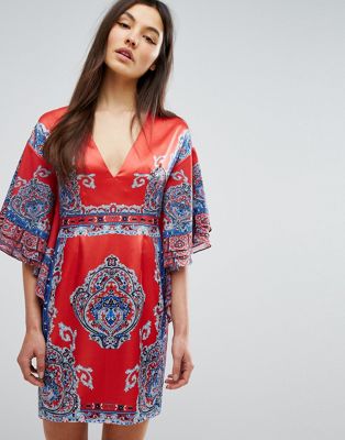 Comino Couture Printed Kimono Dress With Plunge Front