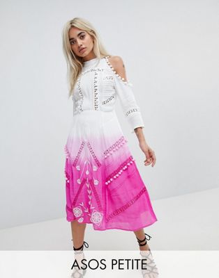 PETITE PREMIUM Cold Shoulder Dip Dye Victoriana midi dress with Pom Pom Trims and Lace Inserts