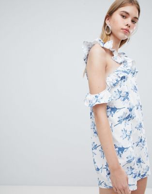 J.O.A Shift Dress With Cross Cold Shoulder Ruffle Detail In Light Floral