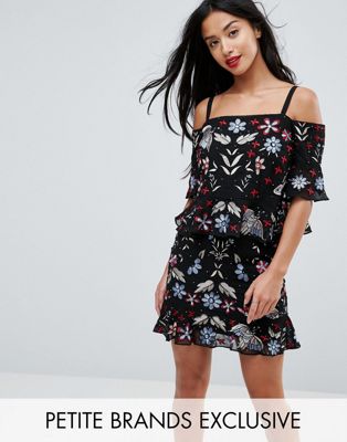 Frock And Frill Petite Premium Embroidered Cold Shoulder Mini Shift Dress