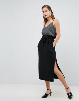 Paper Bag Waist Split Side Midi Pencil Skirt