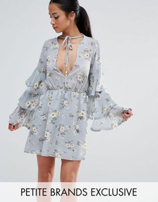 Missguided Petite Floral Print Frill Sleeve Tie Front Dress