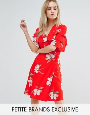 John Zack Petite Ruffle Shoulder Mini Tea Dress In Floral Print