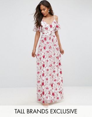 Little Mistress Tall Cold Shoulder All Over Premium Embroidered Maxi Dress