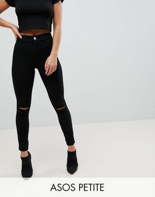 DESIGN Petite Rivington high waist denim jeggings in black with two ripped knees