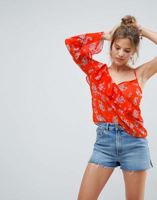 One Shoulder Ruffle Blouse in Bright Floral