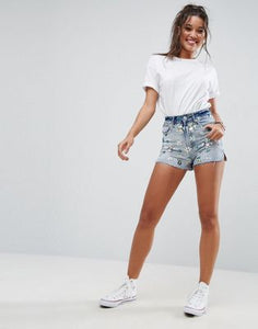 Denim Side Split Shorts With Jewel Embellishment in Midwash Blue