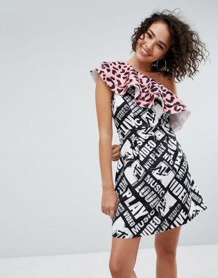 x MTV Animal Print One Shoulder Ruffle Dress