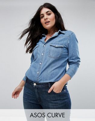 DESIGN Curve denim fitted western shirt in midwash blue