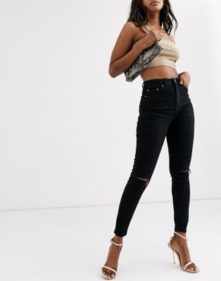 DESIGN Ridley high waist skinny jeans in clean black with ripped knees