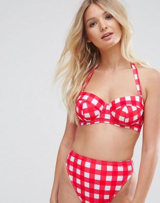 DESIGN FULLER BUST Mix and Match Cupped Bandeau Bikini Top in Red Gingham DD-G