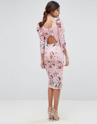 Midi Dress With Puff Sleeve and Cut Out Back In Floral Print