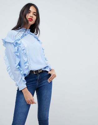 Lace Insert Ruffle Blouse