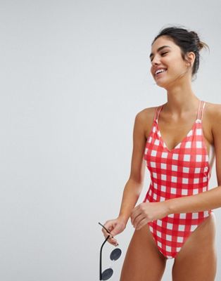 DESIGN Red Gingham Print Cross Back High Leg Swimsuit