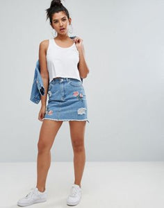 Chorus Floral Embroidery Distressed Denim Skirt