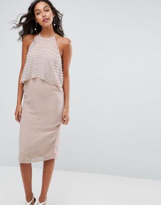 Pearl Embellished Crop Top Midi Pencil Dress