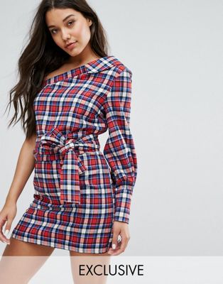 Missguided One Shoulder Checked Ruffle Dress