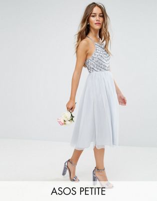 DESIGN Petite Bridesmaid delicate beaded strappy back midi dress