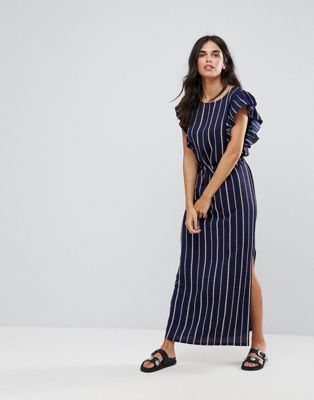 Liquorish Stripe Maxi Dress With Ruffle Sleeves