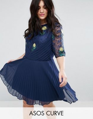 CURVE Embroidered Mini Pleat and Lace Dress