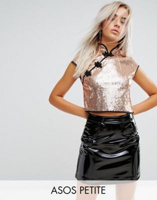 PETITE Sequin Chinoiserie Top with Mandarin Collar