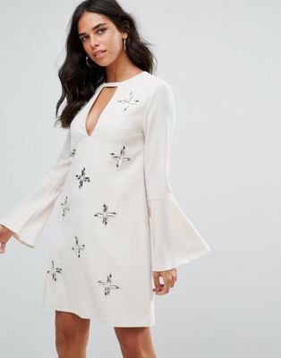Forever Unique Keyhole Front Embellished Fluted Sleeve Mini Dress