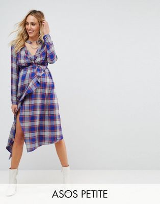 Maternity Petite Nursing Check midi dress with Ruffle Front and Collar Detail