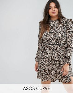 CURVE Animal Print High Neck Ruffle Skater mini dress