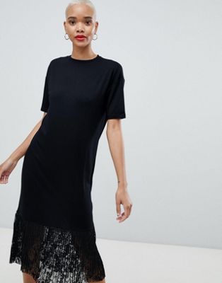 Midi T-Shirt Dress with Pleated Lace Hem