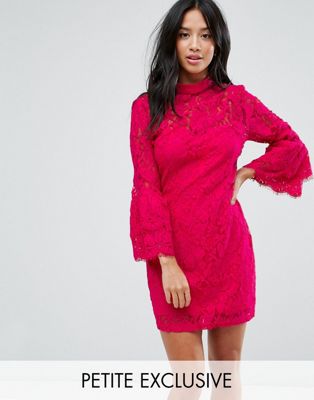 Paper Dolls Petite High Neck Crochet Mini  Dress with Frill Sleeve