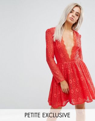 John Zack Petite Allover Geo Lace Full Prom Skater Dress With Plunge Front