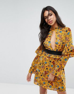 Boohoo Ruffle Sleeve Key Hole Dress