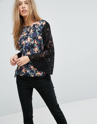 French Connection Floral Top With Lace Sleeves
