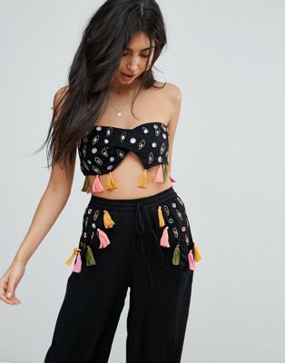 DESIGN Premium Pom Pom Mirror Embroidered Beach Top Two-Piece