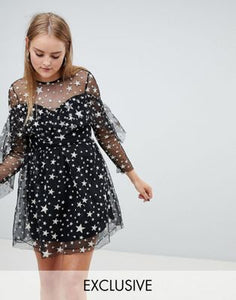 Boohoo Ruffle Trim Star Print Mesh Mini Dress