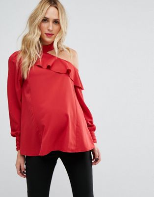 Maternity TALL Tie Neck and Cold Shoulder Blouse