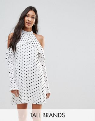 Oh My Love Tall Halterneck Frill Long Sleeve Shift Dress In Polka Dot