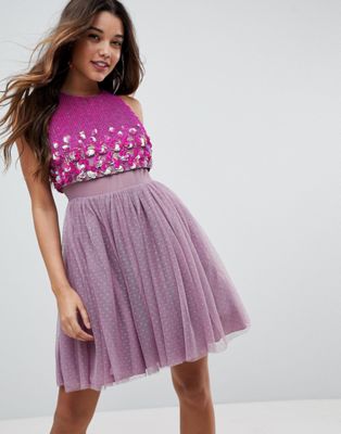 Crop Top Disc Sequin Mini Dress with Dobby Mesh