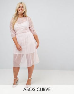 CURVE Ruched Midi Dress In Spot Mesh