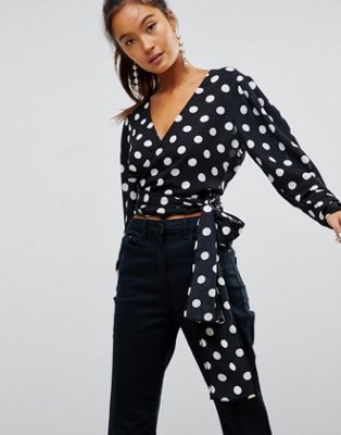 DESIGN Wrap Crop Blouse with Exaggerated Sleeve in Spot