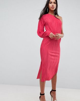 One Shoulder Midi Dress With Balloon Sleeve In Plisse